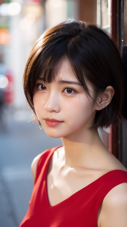 high resolution、Japanese women、Beauty、short hair、Red dress、Small face、Crying face
