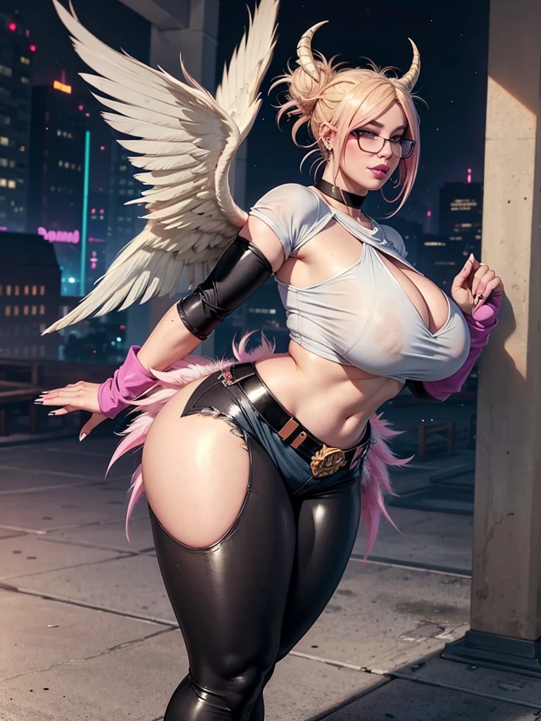 realisticlying，22yo girl，Blonde short、big body, sexy lingerie lace black ,perfect eyes, hair bunches、very very long hair, ultradetailed hair, body nylon sexy, Breasts enlarged、 big body, blonde, woman 1.90 CM,ponytail, ((hair over eyes)),perfect mouth, massive big bounce oppai, WET SKIN, (masterpiece, best quality:1.2), 1girl, solo, city background, haze \(fortnite\), Harpy Haze From fortnite, 1girl, earrings, glasses, hat, jewelry, lips, long hair, looking at viewer, makeup, nail polish, pink eyes, pink hair, pink nails, smile, sunglasses, tinted eyewear, belt, black pants, crop top, eyeshadow, midriff, navel, pants, choker, fingernails, round eyewear, sharp fingernails, standing, black feathers, black headwear, hoop earrings, horned headwear, horns, denim, winged arms, feather trim, star \(symbol\), elbow gloves, dark pink lips, feathers, heels, shoes, angel wings, bangle, black wings, crop top overhang, feathered wings, harpy, low wings, multicolored hair, multicolored wings, pink wings, wings, fingerless gloves, shirt, long fingernails, boater hat, bootcut pants, leather pants, sleeves, black sleeves,massive big bounce oppai,massive big bounce oppai,massive big bounce oppai,big bounce oppai,big bounce oppai,
