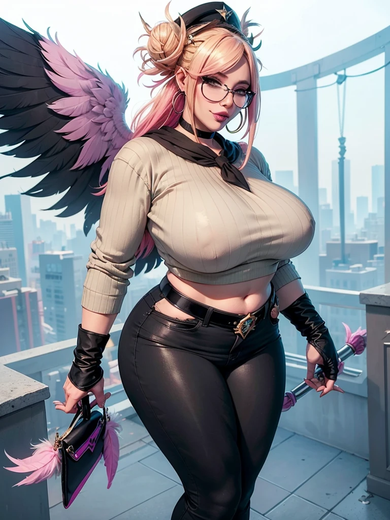 realisticlying,22yo girl,Blonde short、big body, sexy lingerie lace black ,perfect eyes, hair bunches、very very long hair, ultradetailed hair, body nylon sexy, Breasts enlarged、 big body, blonde, woman 1.90 CM,ponytail, ((hair over eyes)),perfect mouth, massive big bounce oppai, WET SKIN, (masterpiece, best quality:1.2), 1girl, solo, city background, haze \(fortnite\), Harpy Haze From fortnite, 1girl, earrings, glasses, hat, jewelry, lips, long hair, looking at viewer, makeup, nail polish, pink eyes, pink hair, pink nails, smile, sunglasses, tinted eyewear, belt, black pants, crop top, eyeshadow, midriff, navel, pants, choker, fingernails, round eyewear, sharp fingernails, standing, black feathers, black headwear, hoop earrings, horned headwear, horns, denim, winged arms, feather trim, star \(symbol\), elbow gloves, dark pink lips, feathers, heels, shoes, angel wings, bangle, black wings, crop top overhang, feathered wings, harpy, low wings, multicolored hair, multicolored wings, pink wings, wings, fingerless gloves, shirt, long fingernails, boater hat, bootcut pants, leather pants, sleeves, black sleeves,massive big bounce oppai,massive big bounce oppai,massive big bounce oppai,big bounce oppai,big bounce oppai,