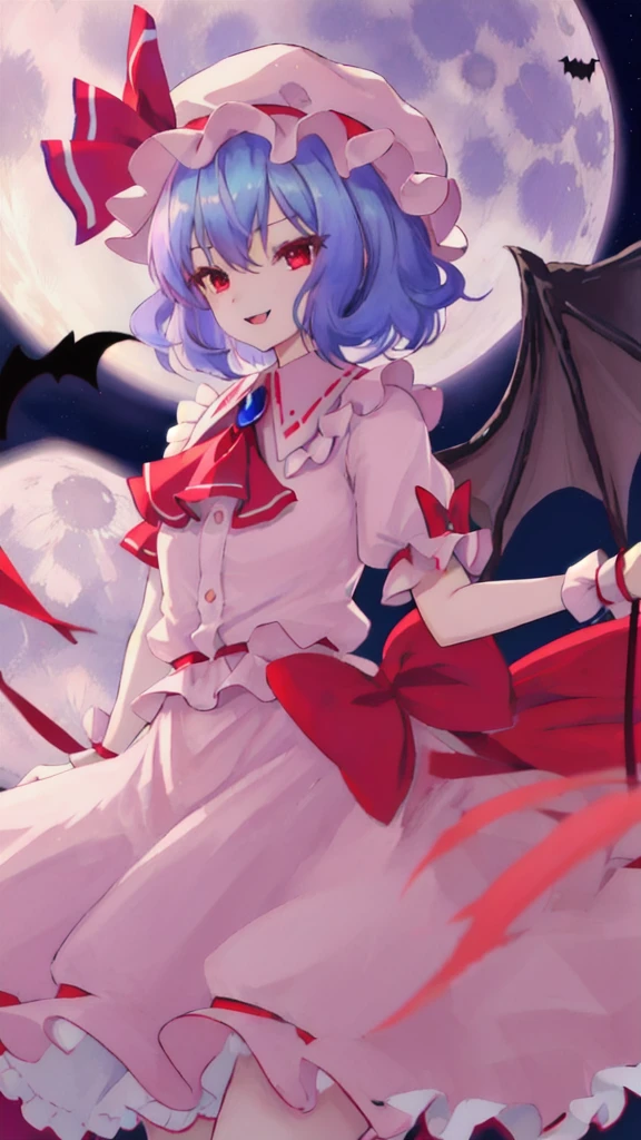 best quality, masterpiece, highres, solo, {remilia_scarlet_touhou:1.15}, red_eyes, short_hair, bat_wings, wings, ribbon, hat, blue_hair, mob_cap, hair_between_eyes, hat_ribbon, bangs, smile, upper_body, red_ribbon, 1girl, full_moon, looking_at_viewer, moon, night, outdoors, pink_headwear, puffy_short_sleeves, puffy_sleeves, red_moon, shirt, short_sleeves, sky, ascot, frilled_shirt_collar, frills, night_sky, open_mouth, pink_skirt, purple_hair, red_ascot, skirt, wrist_cuffs, bow, cloud, pink_dress, red_bow
