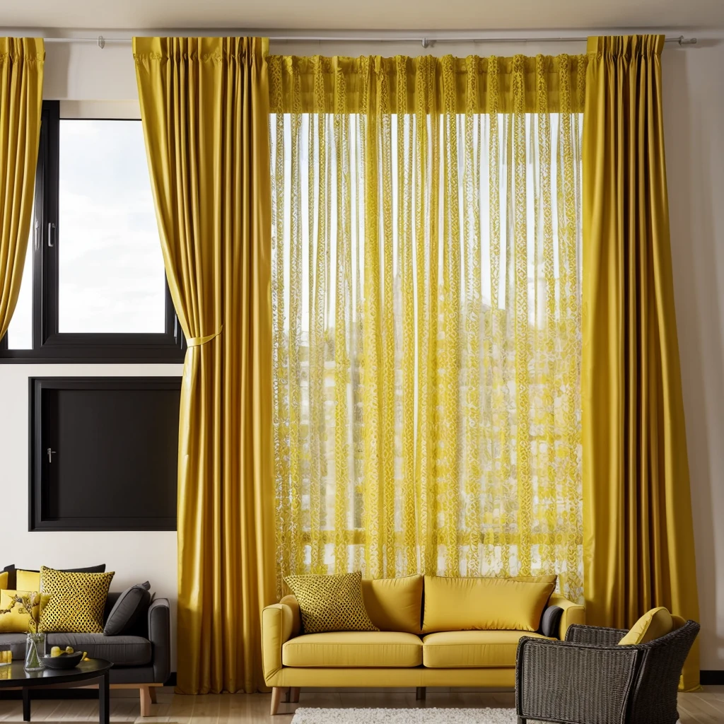 modern black and yellow living room, curtain, window, garden view