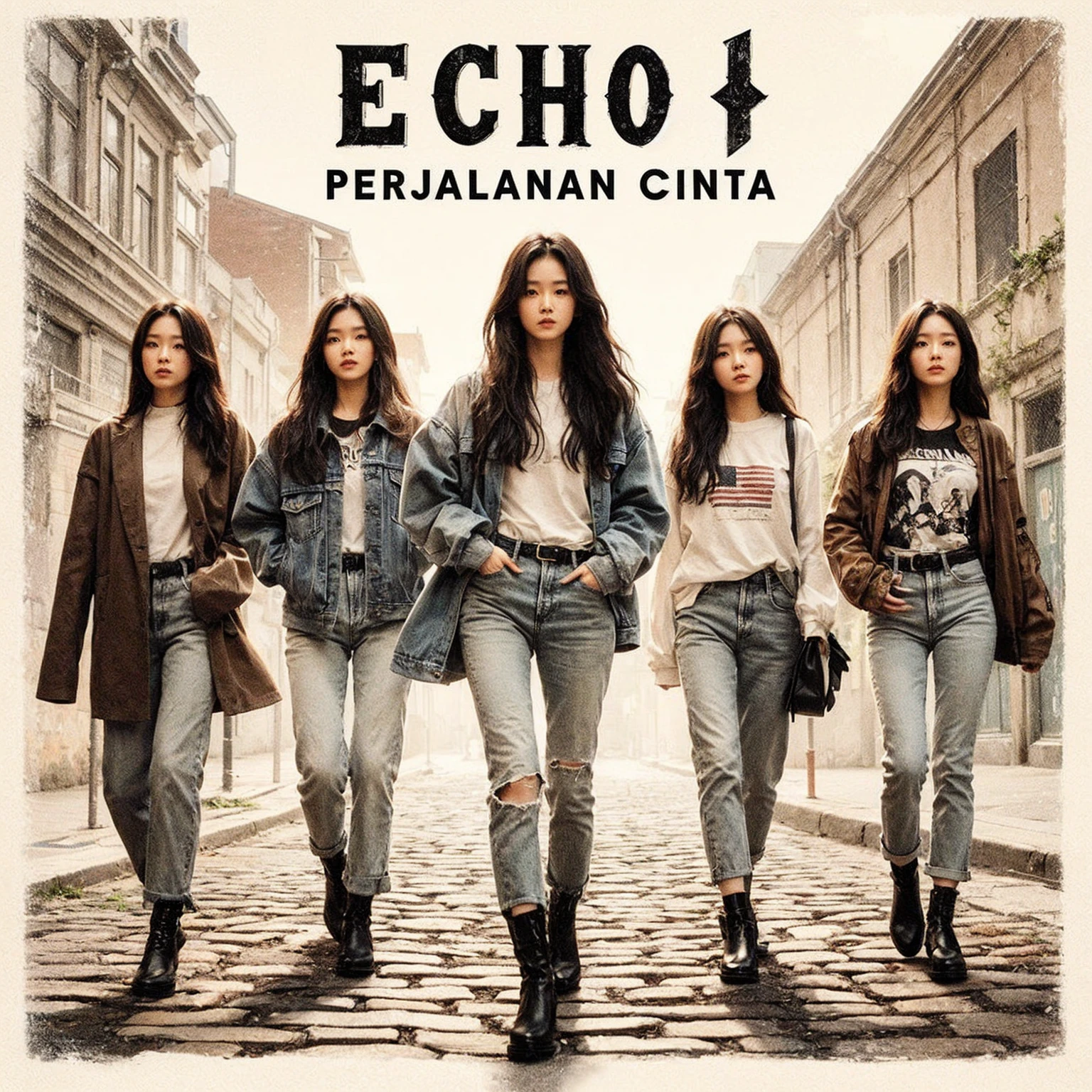 The album cover for "PERJALANAN CINTA" by ECHO shows five Korean female band members walking confidently down a cobblestone street in casual, stylish outfits with jackets, shirts, and jeans. The backdrop is a vintage urban setting with buildings and greenery. "ECHO" is prominently displayed in bold, distressed white letters, with "PERJALANAN CINTA" below it, blending modern style with a cool urban vibe.