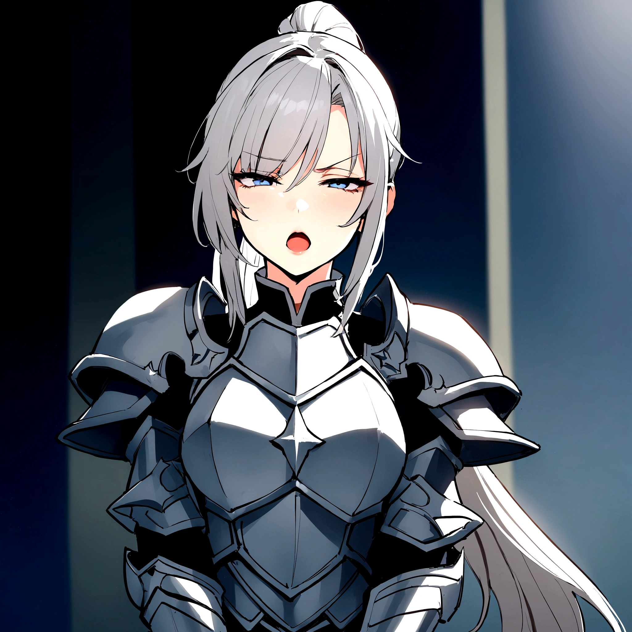 Beautiful girl knight in armor, Gray Hair, tsurime, fantastic, Face your body forward like a certificate photo, shoot from front, Ponytail, Armor Girl, beautiful female knight, Female Paladin, pale blue eyes, narrowed eyes squint, Talking mouth, upper body shot, drawing both arms