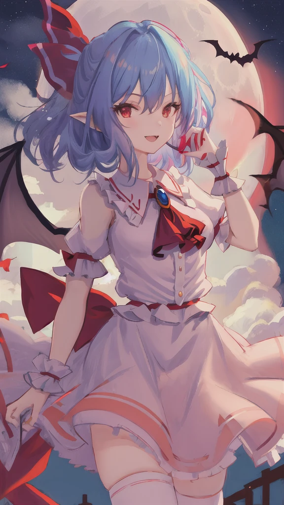 best quality, masterpiece, highres, solo, {remilia_scarlet_touhou:1.15}, red_eyes, short_hair, bat_wings, wings, ribbon, hat, blue_hair, mob_cap, hair_between_eyes, hat_ribbon, bangs, smile, upper_body, red_ribbon, 1girl, full_moon, looking_at_viewer, moon, night, outdoors, pink_headwear, puffy_short_sleeves, puffy_sleeves, red_moon, shirt, short_sleeves, sky, ascot, frilled_shirt_collar, frills, night_sky, open_mouth, pink_skirt, purple_hair, red_ascot, skirt, wrist_cuffs, bow, cloud, pink_dress, red_bow