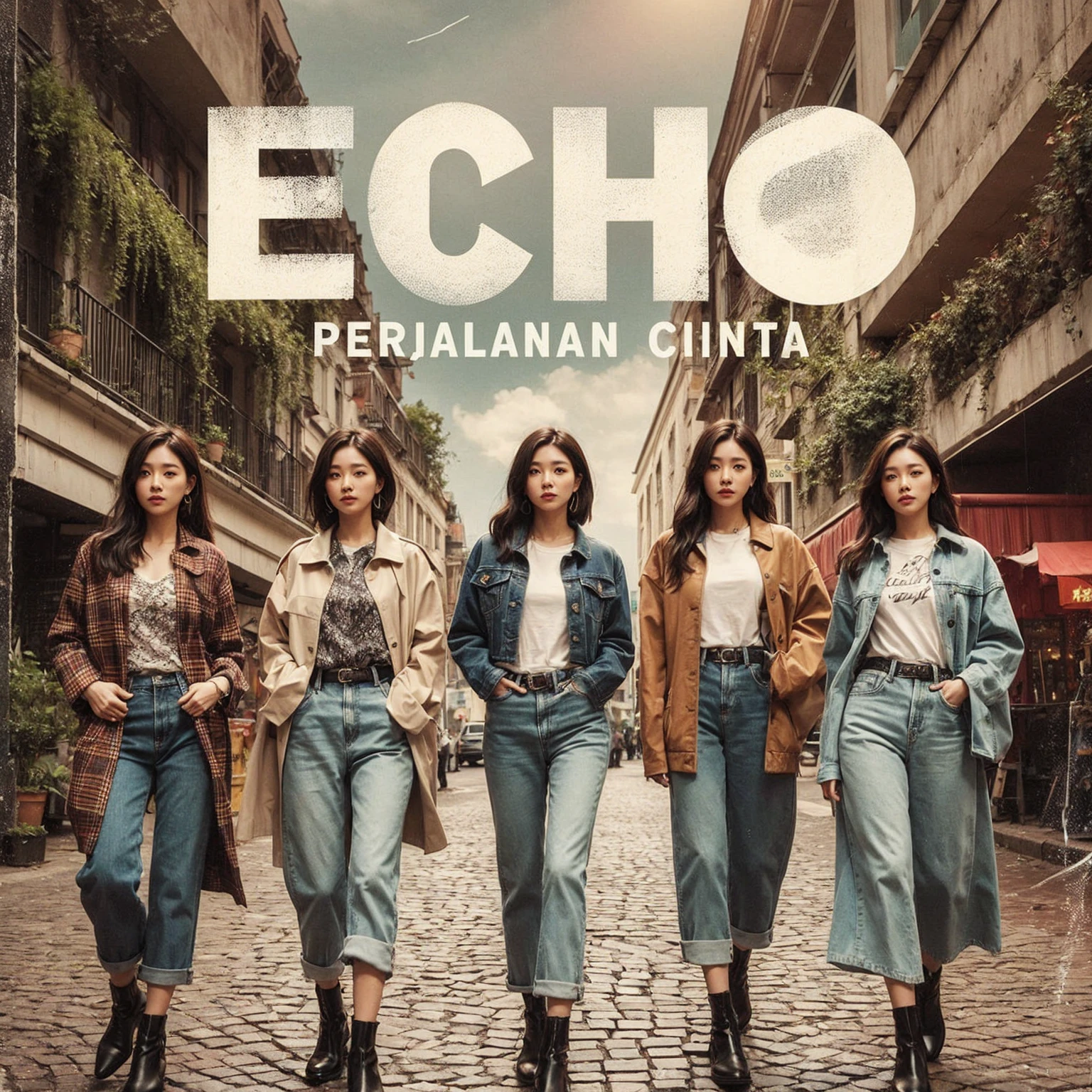 The album cover for "PERJALANAN CINTA" by ECHO shows five Korean female band members walking confidently down a cobblestone street in casual, stylish outfits with jackets, shirts, and jeans. The backdrop is a vintage urban setting with buildings and greenery. "ECHO" is prominently displayed in bold, distressed white letters, with "PERJALANAN CINTA" below it, blending modern style with a cool urban vibe.