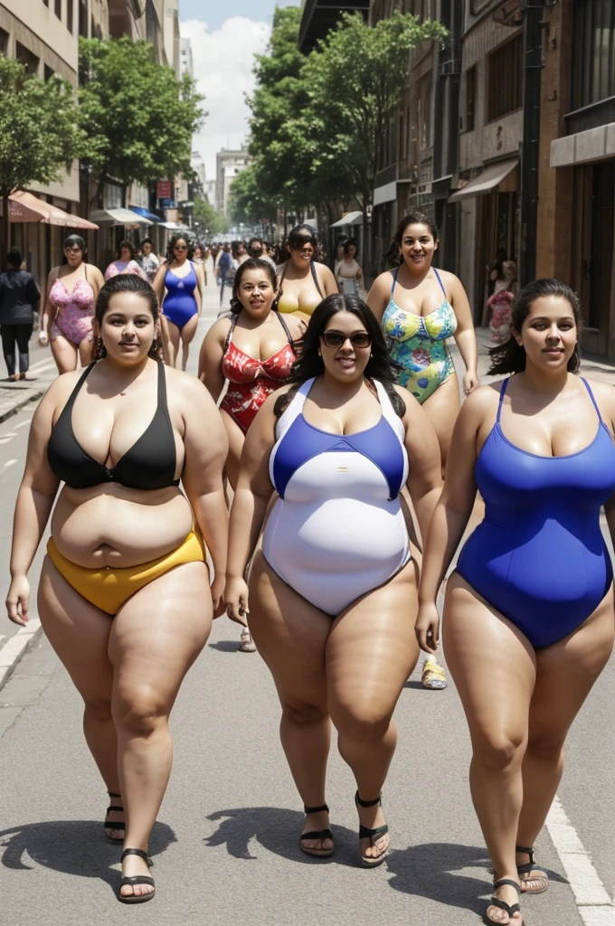 Group of fat girls walking down the street in one piece swimsuits