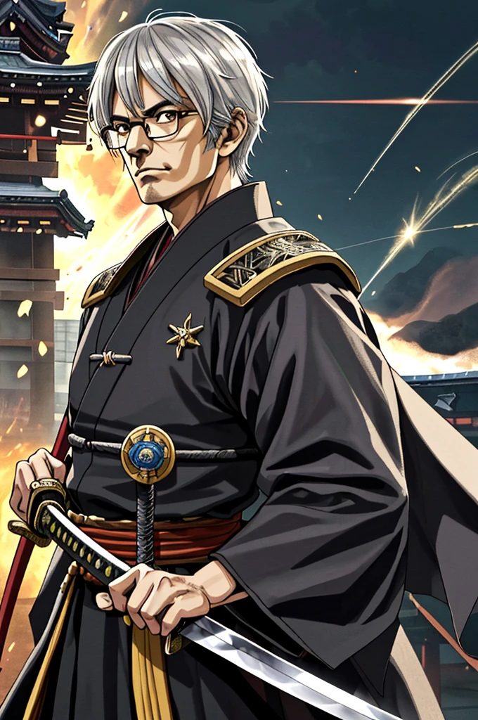Highest quality，High resolution，((Emperor Showa)) ，（Empire of Japan），Fist of the North Star，samurai，One person，warrior，uniform，（black_coat），male，One personで，elderly，（Glasses），strongest，Anime Style，(Limbs)，(Full Finger)，(Accurate fingertips), (The finer details), (Super detailed)，(Japanese sword:)，4K，(high resolution)，whole body, (Front angle), Looking at the camera,masterpiece，(Subtle details)，(Intricate details)，Octane Rendering，(Hyper Detail)，
