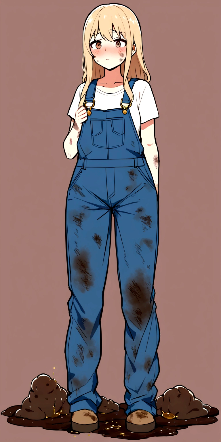 Girl diarrhea and shit on overalls ((poop on overalls)) (pee in overalls) Her overalls is covered with shit. (Her overalls of is covered with shit and mess) (There is much shit on her overalls) (there is a lot of shit on her legs) (her overalls looks really dirty and full of shit)