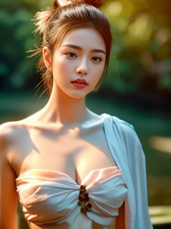 Close-up of woman with ponytail blowing up, ผู้หญิงlong hairSoutheast Asians with round faces,  Large bust measures 38 inches., Warm light, morning sun,  long hair,black eyes,abdominal muscles, The body is beautiful and strong., thick hips, rounded chest, (digital painting, HDR, high contrast), 3d, 8K, 45,000,000 pixcls!, Chinese woman, Southeast Asians with round faces, Chinese girl, young asian woman,lovely young woman, Beautiful Asian face, Season Wu, Gorgeous Chinese model, Si Han