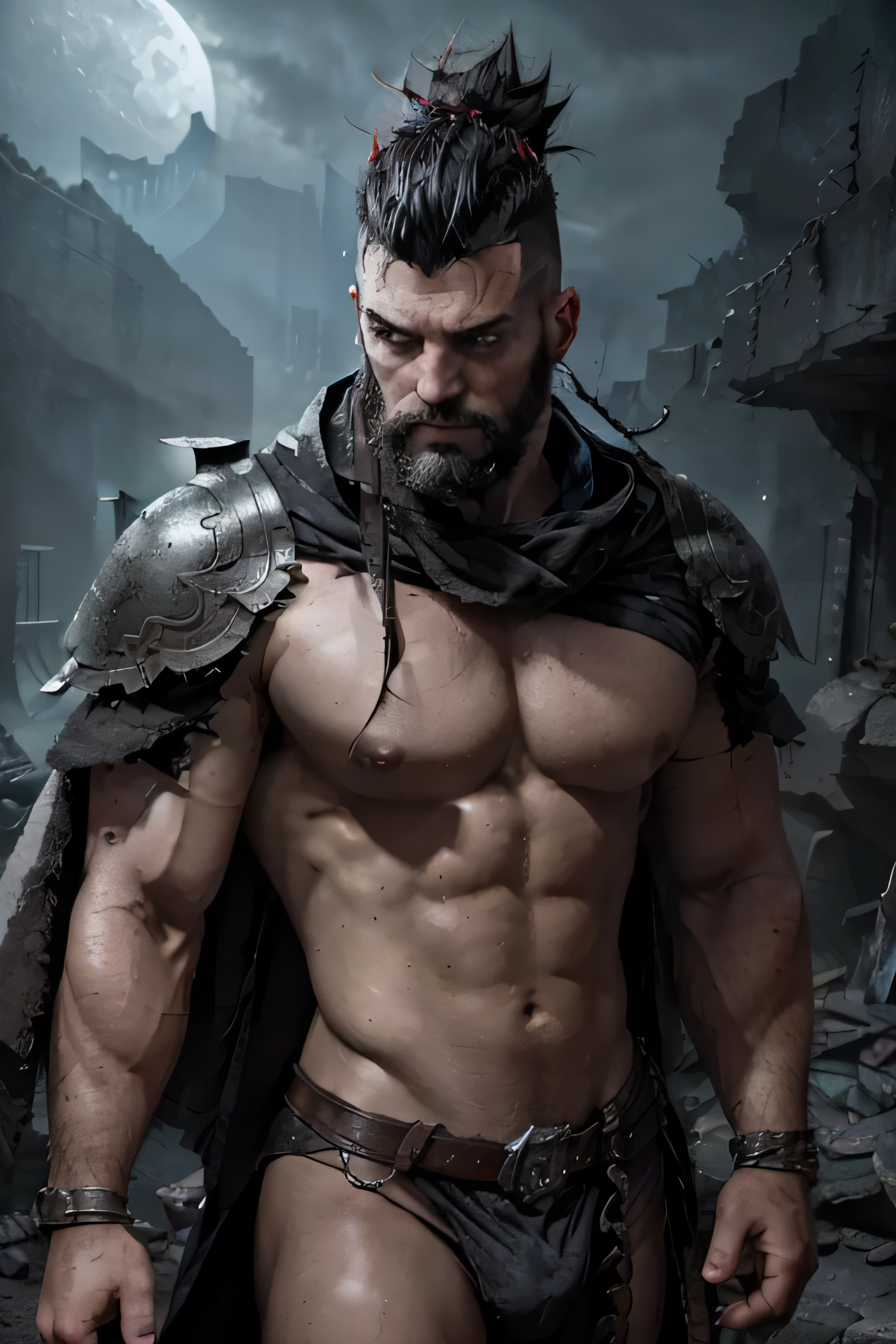 8K, high definition, high quality, highly detailed face. hyper-realistic, close-up) Handsome Necromancer daddy. hyper-masculine. super muscular. gray eyes. mohawk hairstyle. full beard. wearing a half-plate armor. long black cape. summoning spirits. chanting. jet-black palette. dusk. desolate ruins on the background. blurred background.