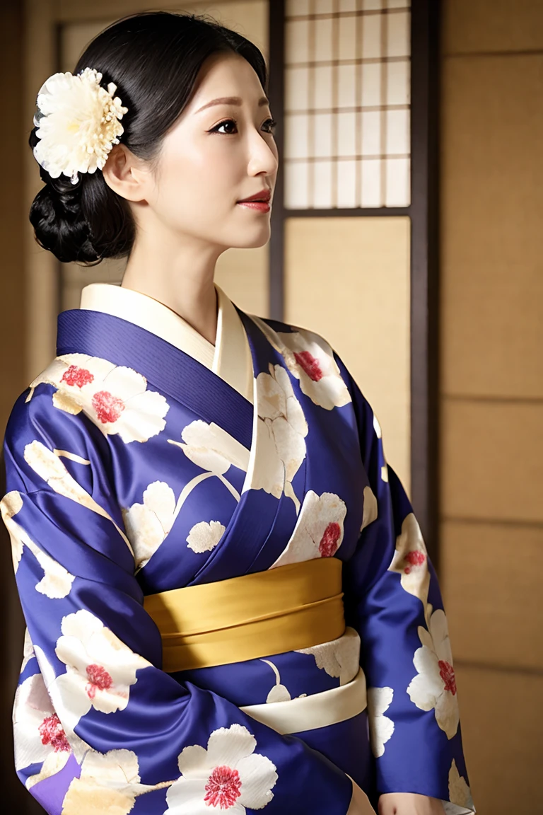 (Highest quality、Tabletop、8K、Best image quality、Award-winning works)、(1 Beautiful Mature Woman:1.1)、(Innkeeper:1.1)、(Elegant floral kimono:1.2)、(A kimono with a perfect and accurate collar:1.2)、Perfect Mature Woman Portrait Photo、Glowing Skin、Standing Elegantly、(Blurred elegant and elaborate perfect Japanese style room background:1.3)、(The most natural and perfect tidy Japanese-style room background:1.2)、Glowing White Skin、Very white skin、(Accentuate your body lines:1.1)、(The most elegant posture:1.2)(Large Breasts:1.2)