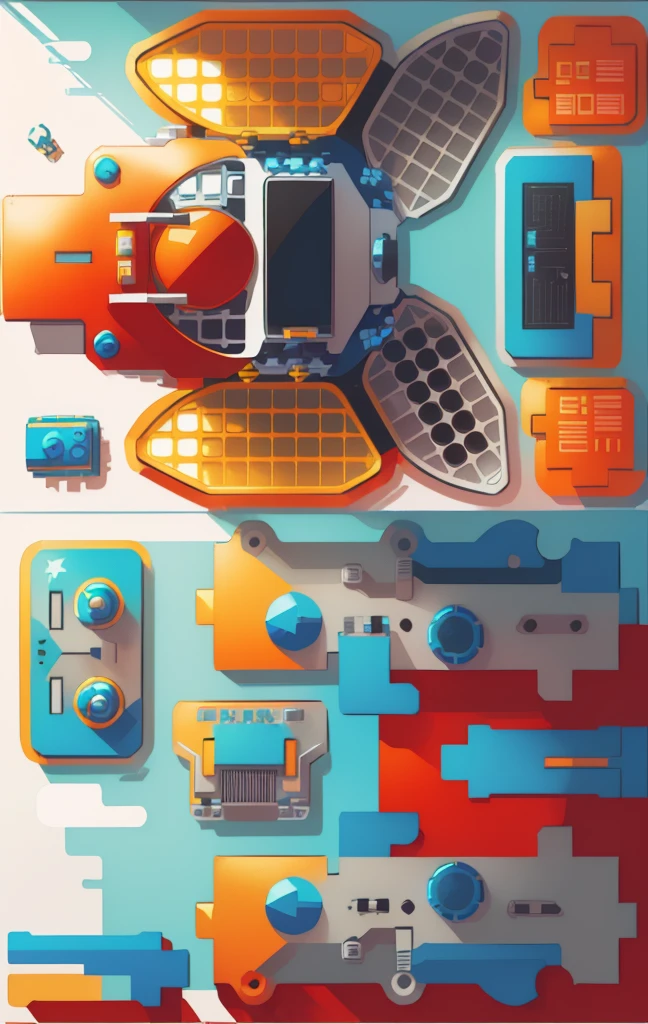 Plan of a small space station with computers, Robot parts, Fusion Mecha Parts, simple Bionic explosion diagram, Very detailed schematic, Highly detailed toys, cyborg Robot parts, Mech robot details, Clean lines and flat colors, Robot armor parts, mechanical robot body, Bionic explosion diagram, Realistic shadow parts, Mechanical parts details