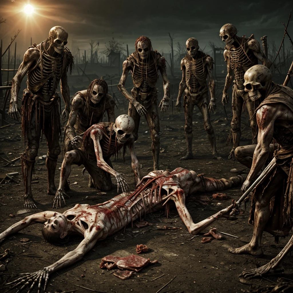 Masterpiece, highest quality, (high detail:1.2), creepy crner, multiple bodies, corpsets, rotten meat, broken bone, bones, skeleton ,rotten skin, zoombie, blood, creepy, death, horror, obscure , shadows, swamp, horrifying creatures body rotten, sharp objects, living death, zoombies, gore, rotten organs, guts, dark macabre, virus, viruses and spores, mutants, mutations, altered DNA, sunset, post-apocalyptic, amputations, trauma, beats, bites, lacerations, hematomas and teratomas, post-apocalyptic background.