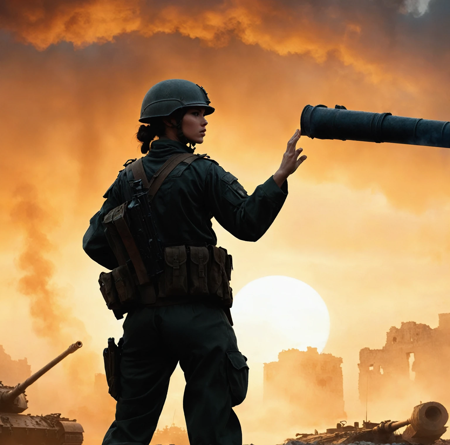 (A female soldier raised her hand to touch something,Background is the ruins of the city,Under the sunset:1.5)painting masterpiece, Extremely detailed, Black White Dark Steel Dark Blue Black Light Brown Dark Brown White Light Orange Dark Red Dark Green, Dramatic Lighting, evening, High contrast, steam, FOG, Israeli soldiers fighting with tanks on the battlefield, Movie Lighting, Aspect ratio of 16:9, steam, 4K, professional ominous Concept Art, author:artgerm and greg rutkowski, complex, elegant, Highly detailed digital painting, Concept Art, Smooth, Clear focus, illustration, Simon Starenhagen's style, Wayne Barlow, 和 igor kieryluk., Acrylic painting, Popular in pixiv Fan Box, Palette knife and brush strokes, Makoto Shinkai's styleJamie WiseJames GirardEdward HopperGreg RutkowskiStudio GhibliGenshin Impact