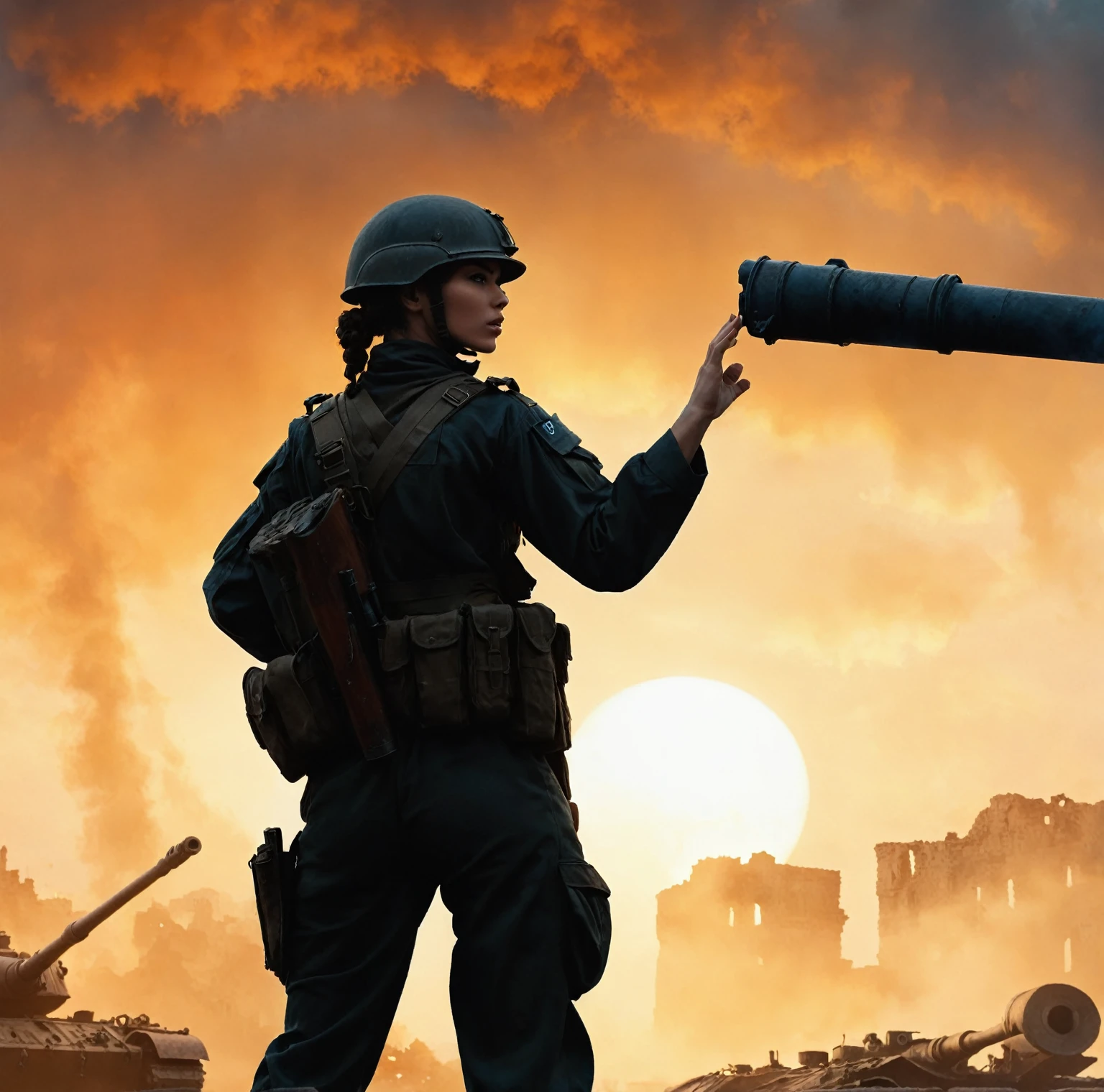 (A female soldier raised her hand to touch something,Background is the ruins of the city,Under the sunset:1.5)painting masterpiece, Extremely detailed, Black White Dark Steel Dark Blue Black Light Brown Dark Brown White Light Orange Dark Red Dark Green, Dramatic Lighting, evening, High contrast, steam, FOG, Israeli soldiers fighting with tanks on the battlefield, Movie Lighting, Aspect ratio of 16:9, steam, 4K, professional ominous Concept Art, author:artgerm and greg rutkowski, complex, elegant, Highly detailed digital painting, Concept Art, Smooth, Clear focus, illustration, Simon Starenhagen's style, Wayne Barlow, 和 igor kieryluk., Acrylic painting, Popular in pixiv Fan Box, Palette knife and brush strokes, Makoto Shinkai's styleJamie WiseJames GirardEdward HopperGreg RutkowskiStudio GhibliGenshin Impact