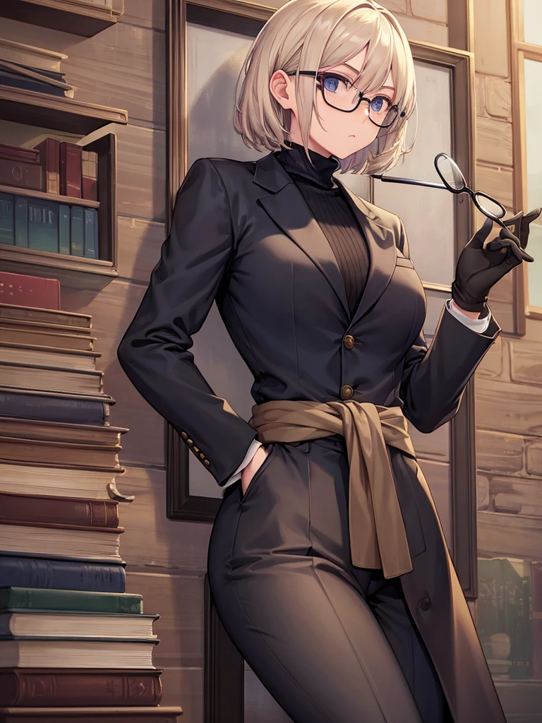books lying around, cream hair, tall, square glasses, black turtleneck, a beige-color two-button blazer, dark navy-blue pants, and a pair black gloves, looking at viewer, slightly short hair, female, stern expression, slightly leaning on wall, hand on waist