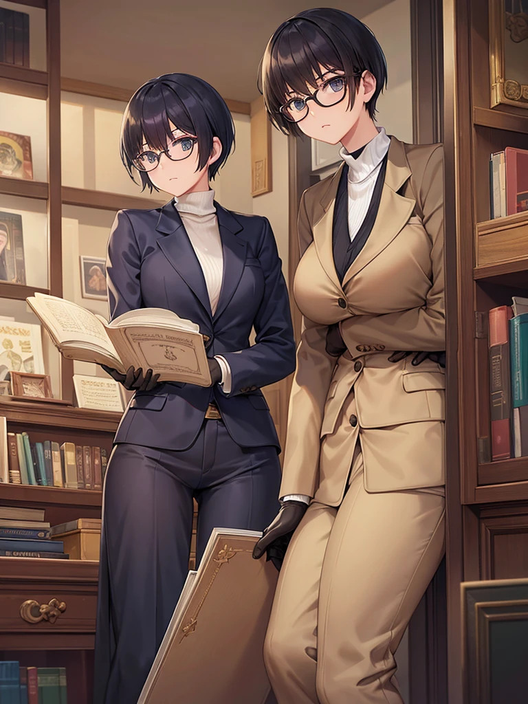 books lying around, cream hair, tall, square glasses, black turtleneck, a beige-color two-button blazer, dark navy-blue pants, and a pair black gloves, looking at viewer, slightly short hair, female, stern expression, slightly leaning on wall, hand on waist