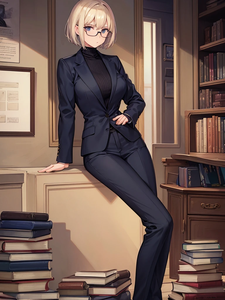 books lying around, cream hair, tall, square glasses, black turtleneck, a beige-color two-button blazer, dark navy-blue pants, and a pair black gloves, looking at viewer, slightly short hair, female, stern expression, slightly leaning on wall, hand on waist