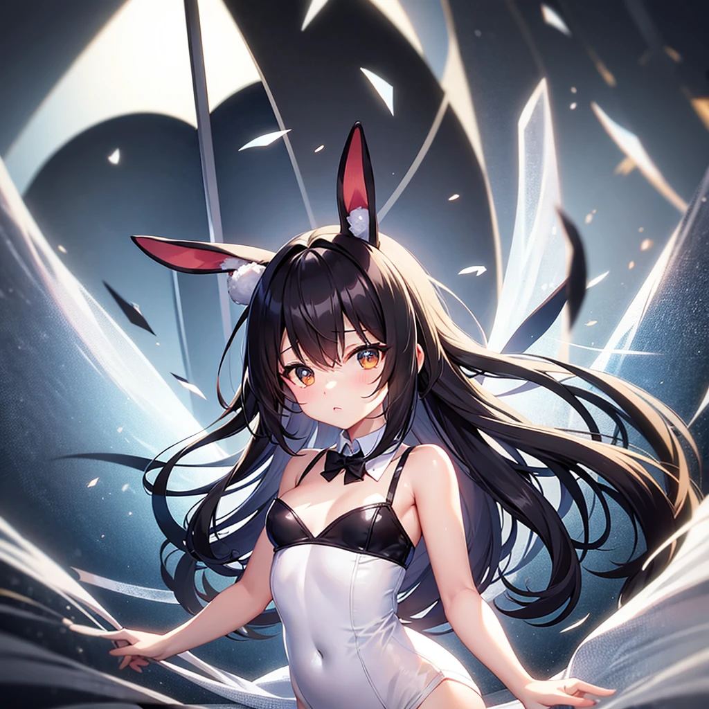 (Bunny girl),Dropped ears,Cute little ,Tiny ,Small girl,,Childish face, Very fine clean face,Top quality,Black Hair,(Dark Room), Subtle light, Natural light,Soft lighting,Light from directly behind, (Are standing),With bust up,Front view,Black background