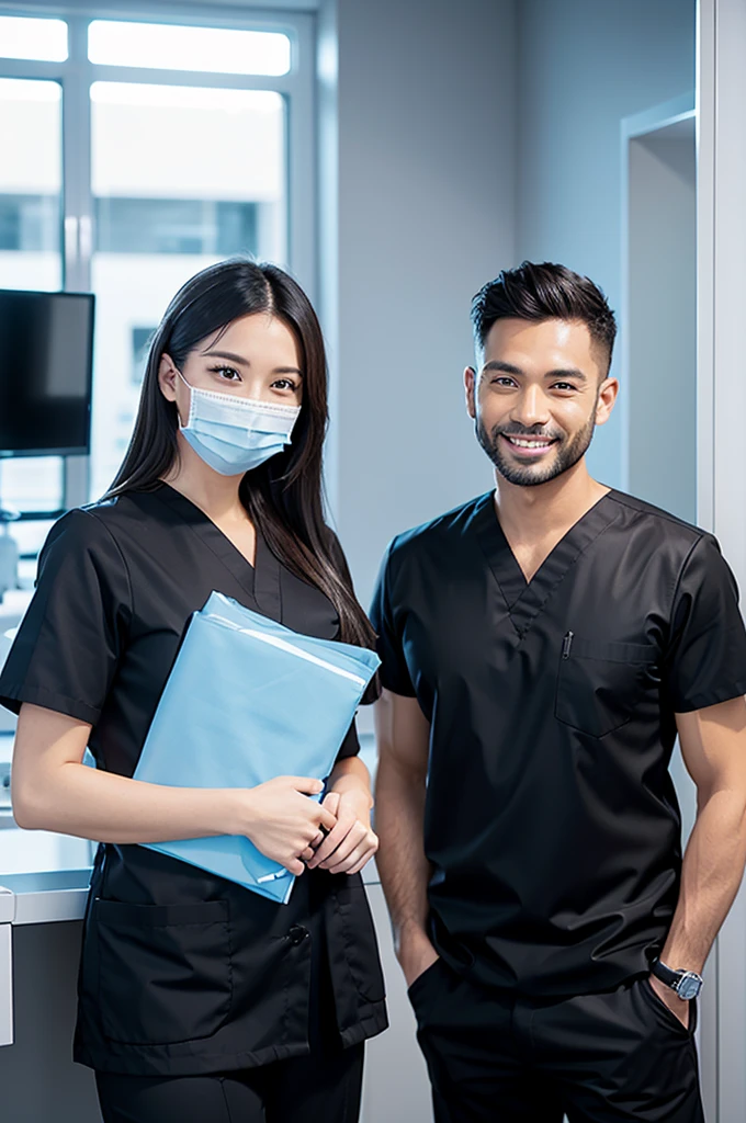 dental clinic　Male doctor and female dental hygienist　Handsome Men and Beautiful Women　Business Partners　Wear black scrubs　