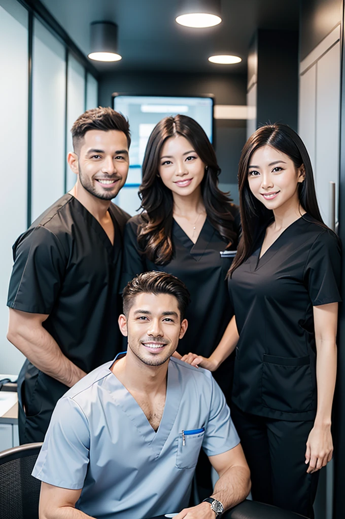 dental clinic Male doctor and female dental hygienist Handsome Men and Beautiful Women Business Partners Wear black scrubs