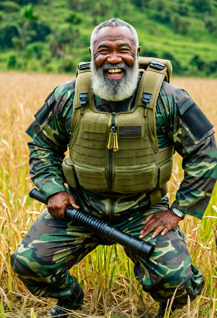(a dark-skinned bearded fat muscular old man in a bulky army camouflage zipper diver suit) crouching in a field, carrying a bazooka, muscular, Bruce Onobrakpeya, sumatraism, stanley artgermm, action, heroic, fierce, grin
