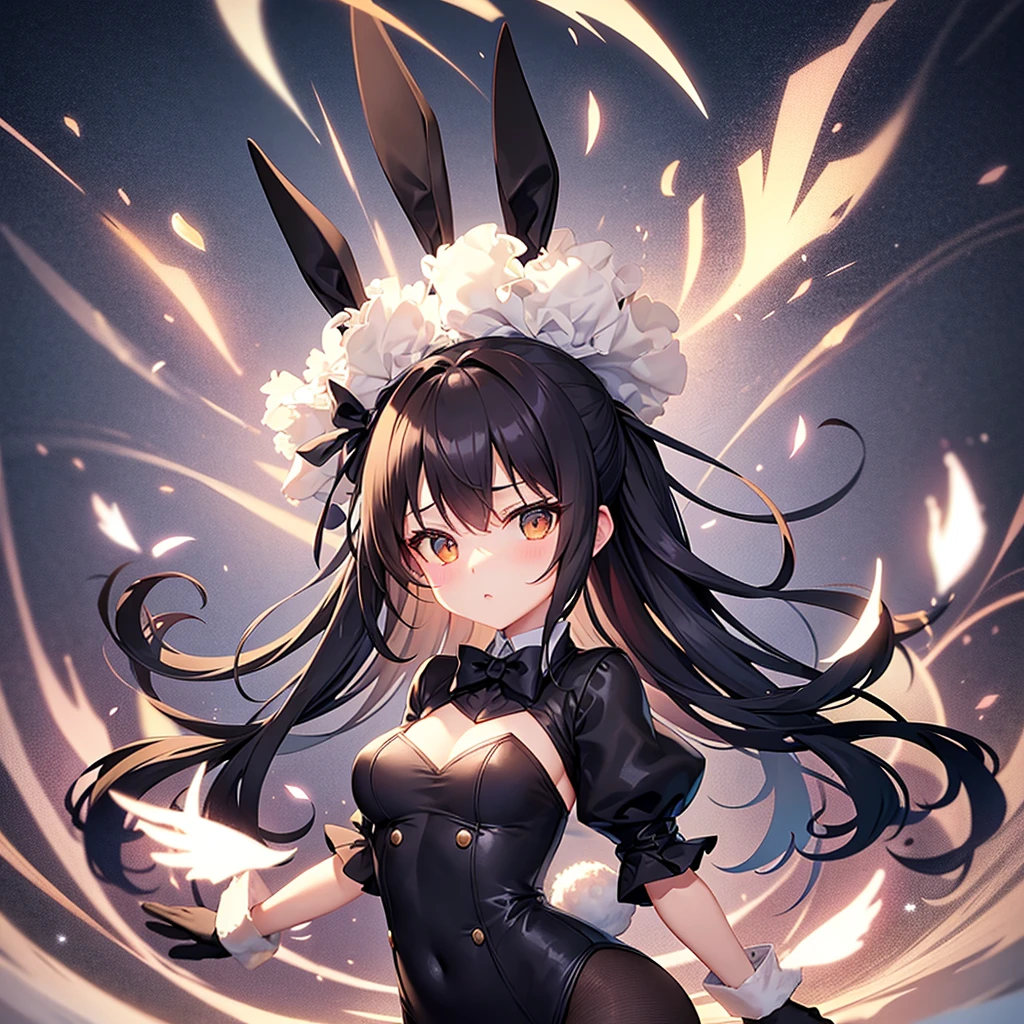 (Bunny girl),Dropped ears,Cute little ,Tiny ,Small girl,,Childish face, Very fine clean face,Top quality,Black Hair,(Dark Room), Subtle light, Natural light,Soft lighting,Light from directly behind, (Are standing),With bust up,Front view,Black background