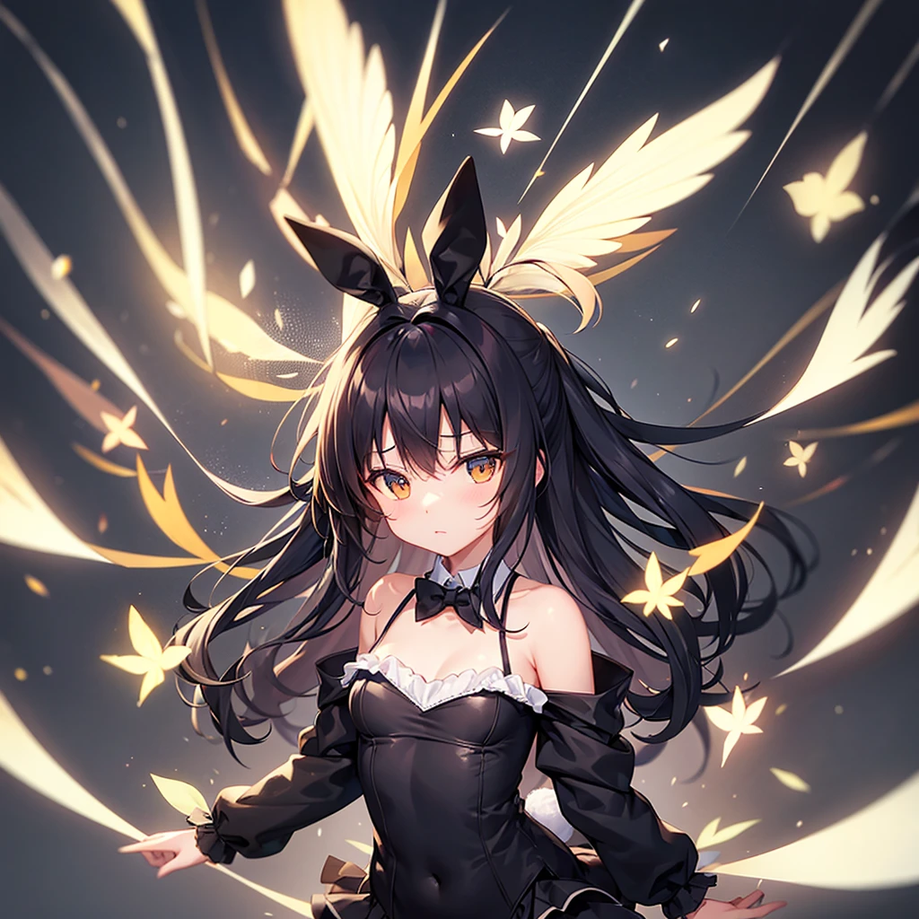(Bunny girl),Dropped ears,Cute little ,Tiny ,Small girl,,Childish face, Very fine clean face,Top quality,Black Hair,(Dark Room), Subtle light, Natural light,Soft lighting,Light from directly behind, (Are standing),With bust up,Front view,Black background