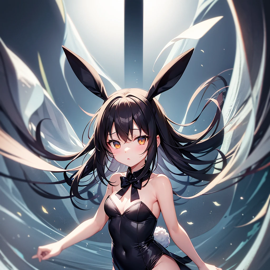 (Bunny girl),Dropped ears,Cute little ,Tiny ,Small girl,,Childish face, Very fine clean face,Top quality,Black Hair,(Dark Room), Subtle light, Natural light,Soft lighting,Light from directly behind, (Are standing),With bust up,Front view,Black background