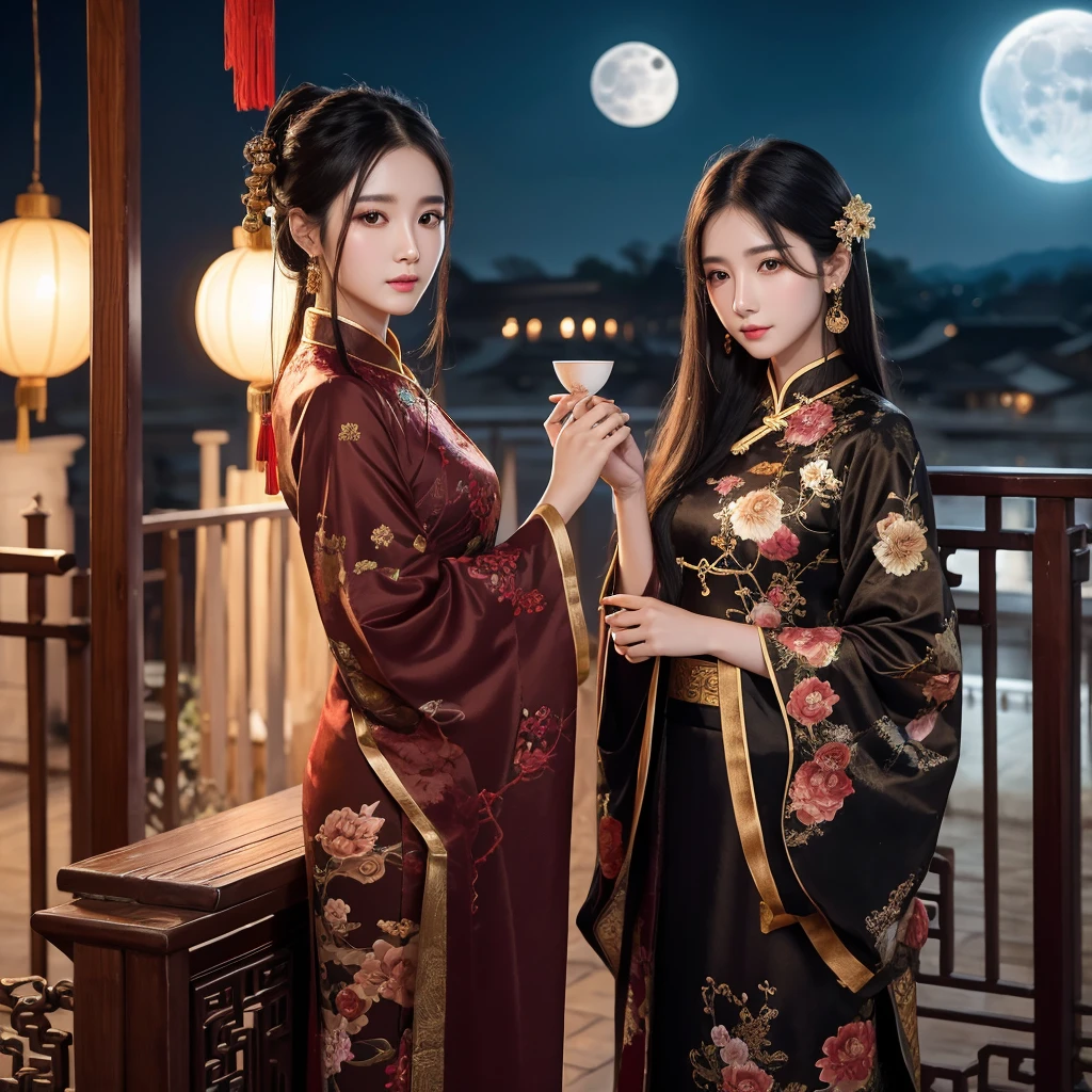 long hair、Black Hair、Brown eyes、Aquiline nose、Thin lips、30th Generation、Beauty、Chinese clothing、Fan in hand、night、Full moon in the background
