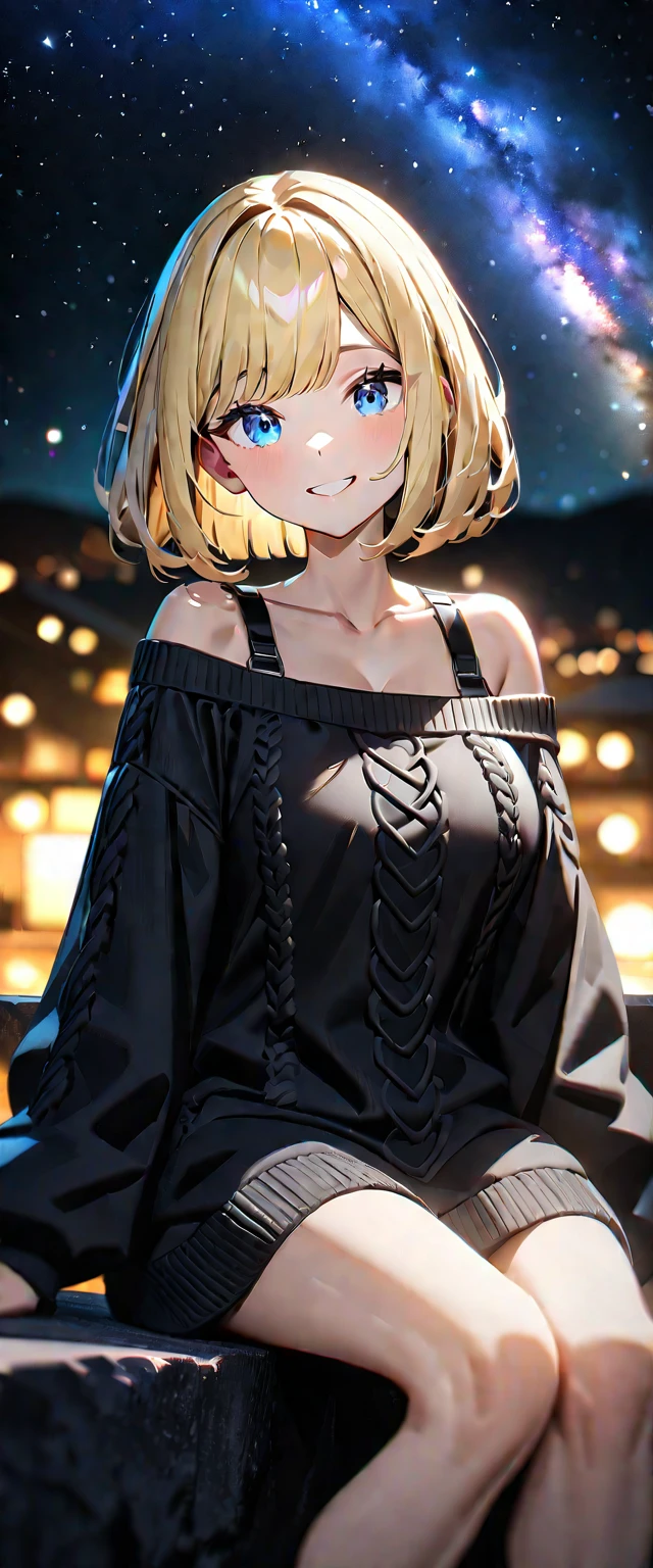 ((stick out tongue)), ((off-shoulder sweater:1.3, Quite thick shoulder straps)), ((black sweater)), ((Aran sweater)), (((bare legs))), from side, ((((upper body)))), ((Leaning to side)), (((a beautiful starry sky, the Milky Way shining beautifully in the night))), ((sitting on the very high cliff)), wavy hair, inward curled hair, sea, ((blond hair, bob cut:1.3)), breasts, teenager, (looking at viewer), oversized clothes, puffy long sleeves, collarbone, head tilt:1.3, (((blue eyes))), happy smile, (((anime style))), (best quality, 4K, 8K, highres, masterpiece:1.2, ultra-detailed, ultra-detailed eyes, HDR, uhd, studio lighting, ultra-fine painting, sharp focus, physically-based rendering, extreme detail description, professional, vivid colors, bokeh)