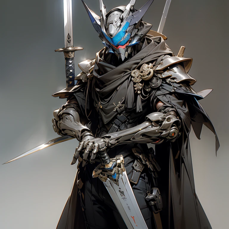 future industrial zone,giant robot,human face,male,decide on a pose,光之sword,準備一把sword (masterpiece, top quality, best quality, official art, Beautiful and beautiful:1.2),(8K, best quality, masterpiece:1.2),CG神sword, arms, armor, alone, Keep, trumpet, luminescent, sword, 1 Boy, Keep arms, planted, male焦點, luminescent arms, Permanent, helmet, Gloves, Keep sword, 噪音指數56 luminescent sword, planted sword, shoulder armor, slope, slope background, Oil residue, Scapula, (Gray light:1.3), Mecha shell blend「Mecha Weapon ( warframe) Also has titanium metal texture」 titanium prompt: sleek and modern desigh shoarp, ar 16:9 --v 5.1 輻射渲染 辛浣渲染 寶藍色的arms、Indigo shell