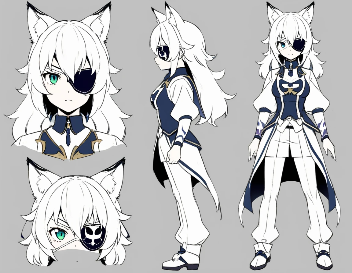 hoyoverse style, white tiger, kemono, detailed outfit, focus, reference sheet character, white background, eyepatch, multiple view, best quality, masterpiece