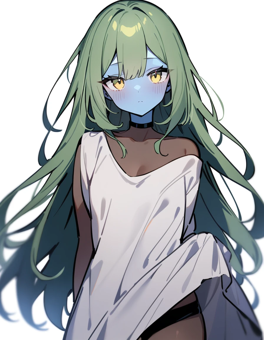 1girl, solo, ghost girl, long hair, masterpiece, best quality, high quality, girl focus, blue skin, green hair, brown skin color