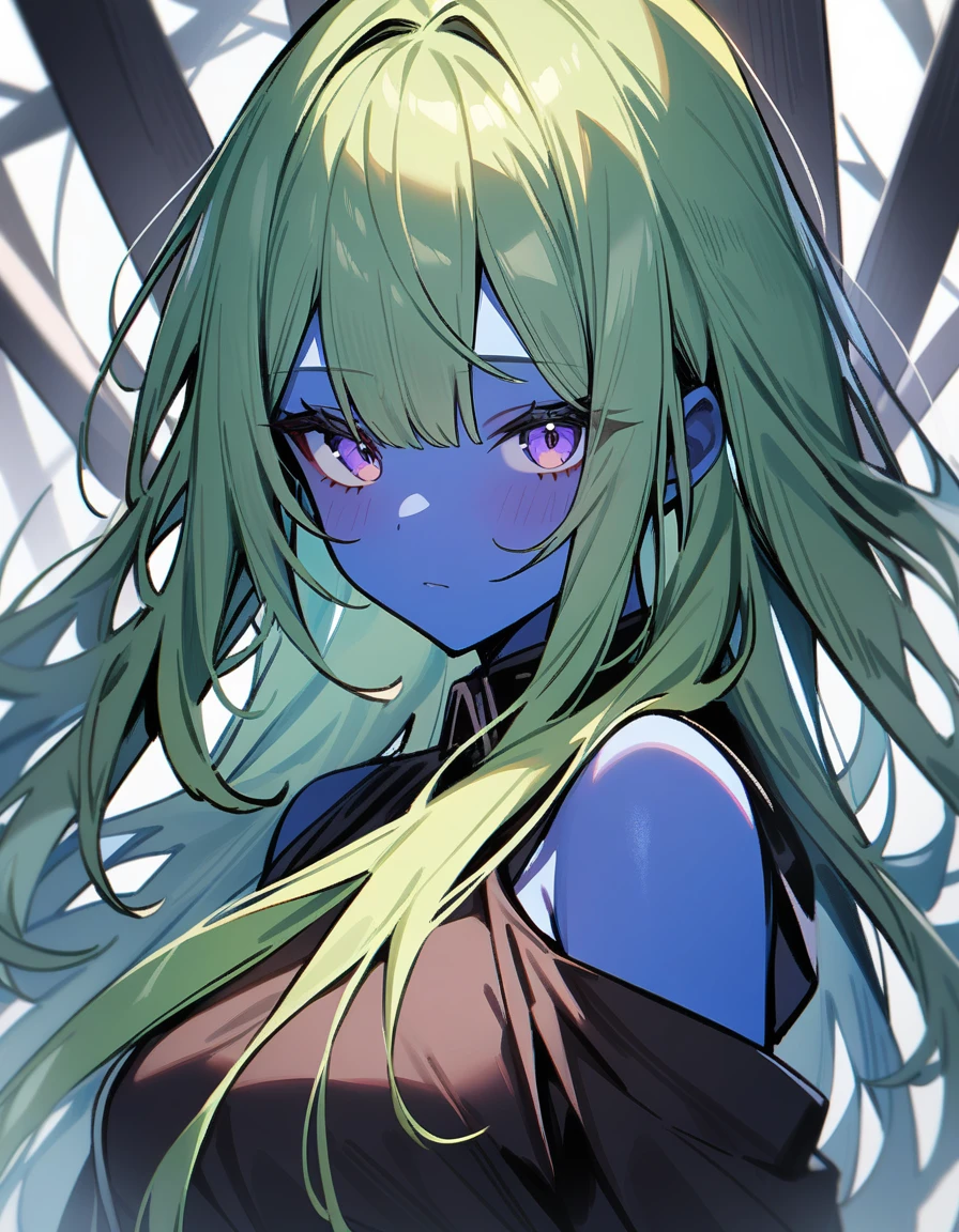 1girl, solo, ghost girl, long hair, masterpiece, best quality, high quality, girl focus, blue skin, green hair, brown skin color