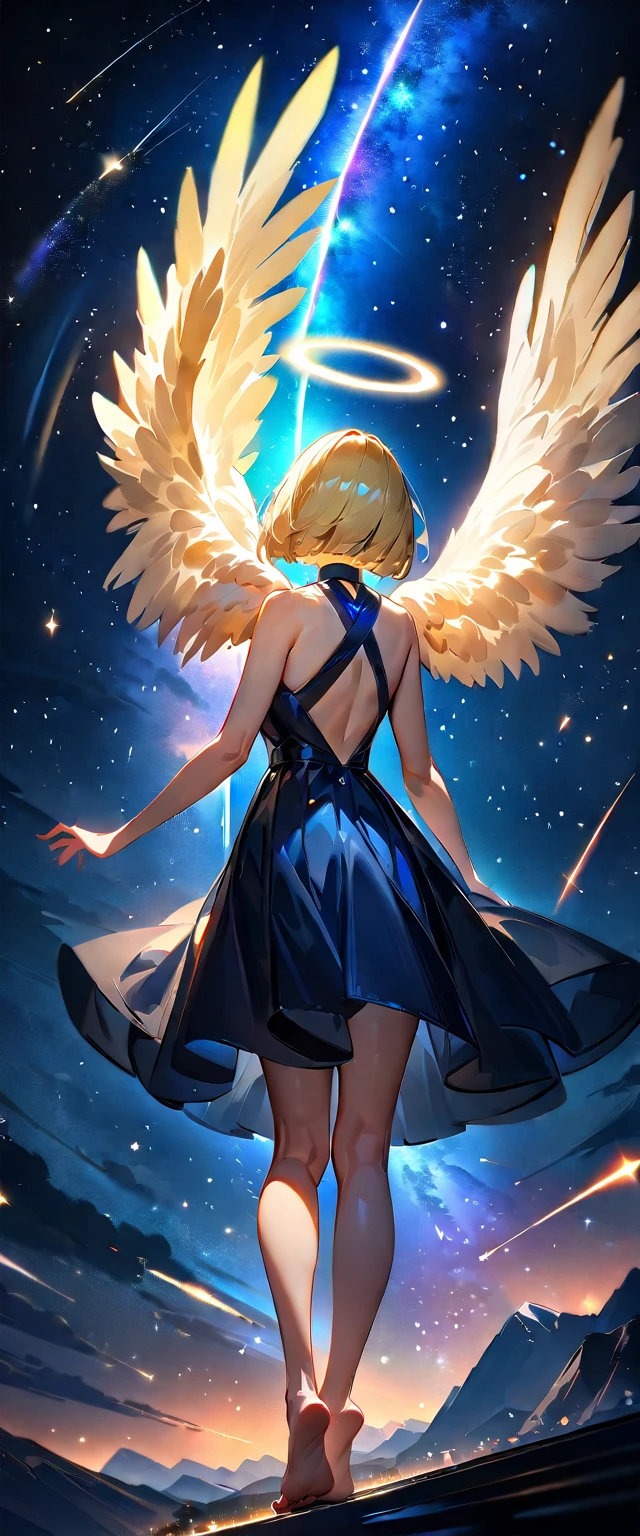 (((A meteor shower dancing in the night sky, countless stars twinkling in the clear air, a beautiful starry sky, the Milky Way shining beautifully in the night))), flying, (((with big angel wings on back))), halo, backless dress, looking up, mountain, wide shot, back shot, a girl, bob cut, bare legs, bare foot, blond hair, (best quality, 4K, 8K, highres, masterpiece:1.2, ultra-detailed, HDR, uhd, studio lighting, ultra-fine painting, sharp focus, physically-based rendering, extreme detail description, professional, vivid colors, bokeh)