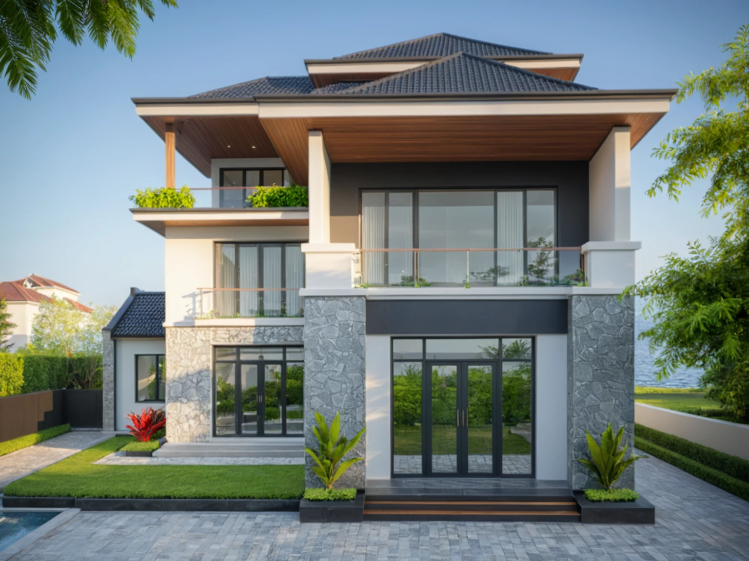modern villa on street, (daylight), tropical tree, green shrub and plants, vivid color, streetcapes, minimalist design, brigth grey tone, large glass door, warm interior lighting, modern material, best quality, ultra realistic, masterpiece, 17ArchiAI_XL_VL-v1
