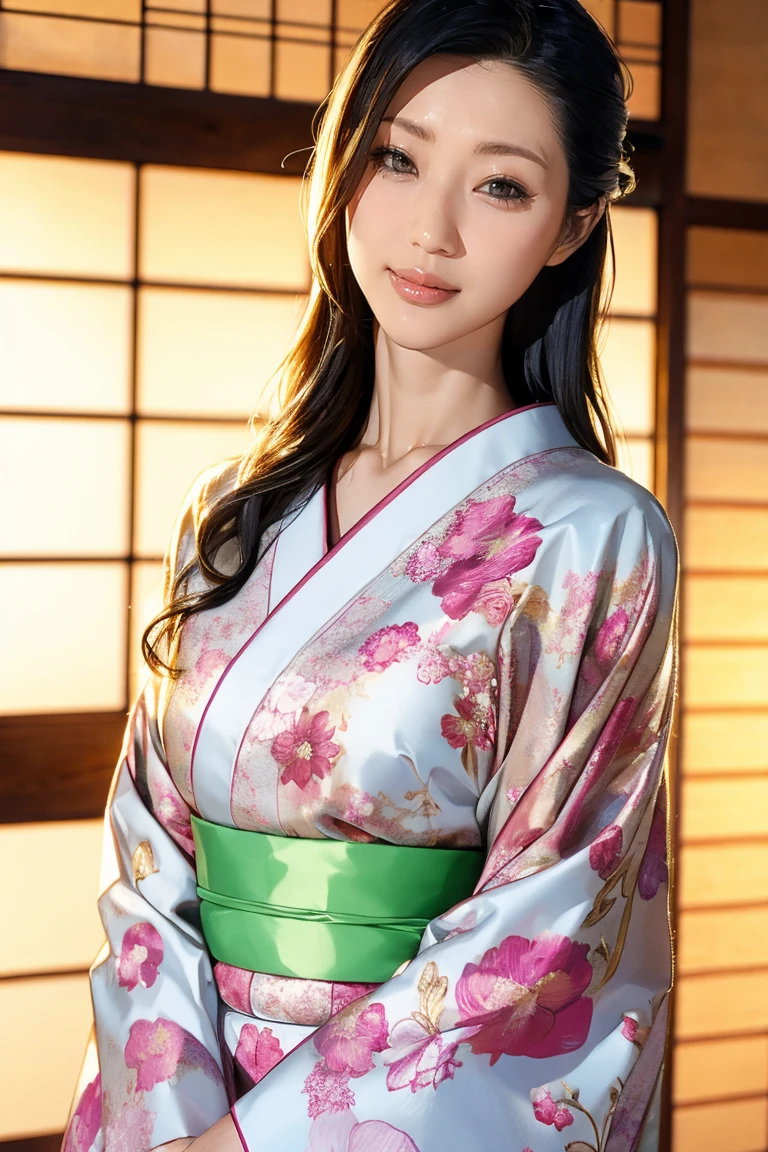 (Highest quality、Tabletop、8K、Best image quality、Award-winning works)、(1 Beautiful Mature Woman:1.1)、(Innkeeper:1.1)、(Elegant floral kimono:1.2)、(A kimono with a perfect and accurate collar:1.2)、Perfect Mature Woman Portrait Photo、Glowing Skin、Standing Elegantly、(Blurred elegant and elaborate perfect Japanese style room background:1.3)、(The most natural and perfect tidy Japanese-style room background:1.2)、Glowing White Skin、Very white skin、(Accentuate your body lines:1.1)、(The most elegant posture:1.2)(Large Breasts:1.2)