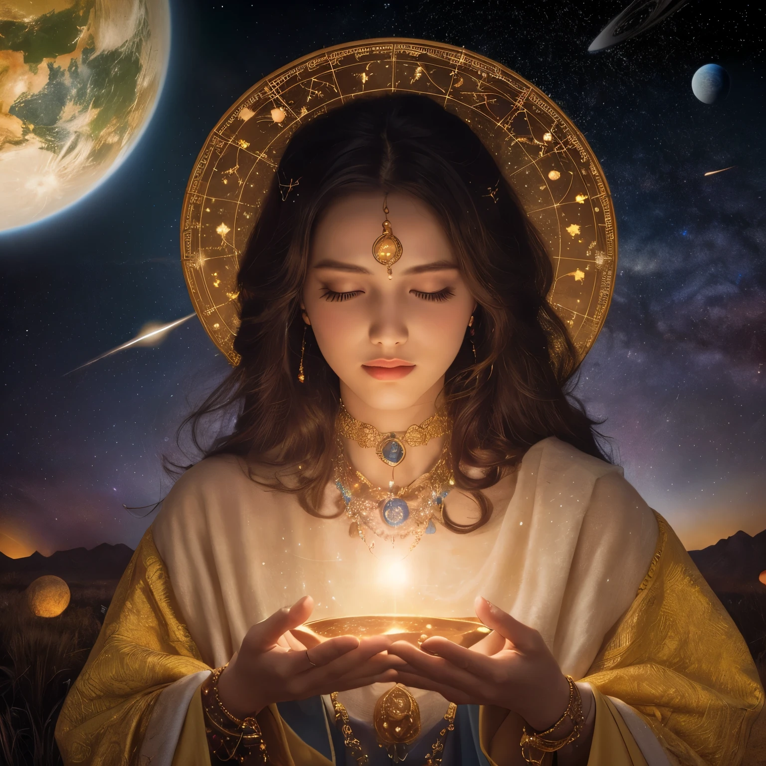 Astrologer, gypsy woman, astrology, astronomy, mystical, planets, constellations, best quality, high resolution,