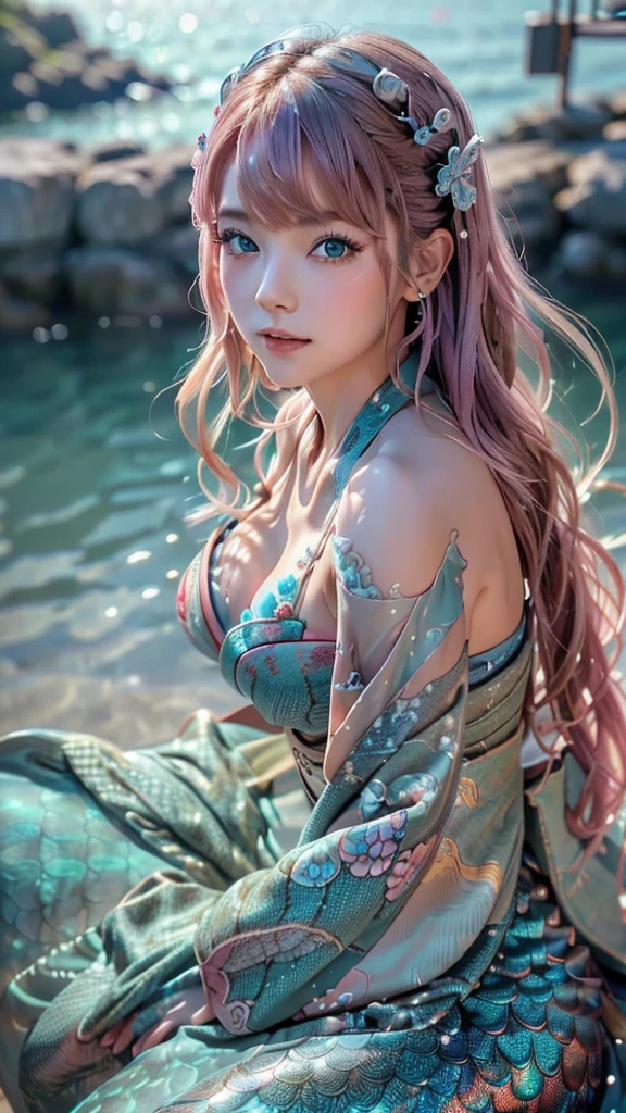 (super realistic photorealistic image:1.5), (cute and beautiful face, pink wavy hair, soft and light blue eyes that exude warmth and tenderness, tight body, covered with fish scales to emphasize her mermaid status, large and graceful fish tail in place of legs, which are also covered with scales and fused with cyberpunk electronics and tubes, elegantly dressed in a revealing kimono with traditional Japanese patterns:1.5) also covered with scales and fused with cyberpunk electronics and tubes, elegantly dressed in a revealing kimono with traditional Japanese patterns: 1.5), (she sits seductively on a rock by the sea: 1.5), and in the background, a distant neo Tokyo cityscape lit by neon lights, lighting, The colors and mood of the scene are powerful and cinematic, with the beautiful seaside scenery and the soft glow of the city lights creating a fantastic atmosphere, the design and details are ultra clear and detailed, emphasizing the mermaid-like appearance with prominent fish tail, shimmering skin scales and cyborg elements, the image is of the highest quality and ultra realistic Photographs of the highest quality