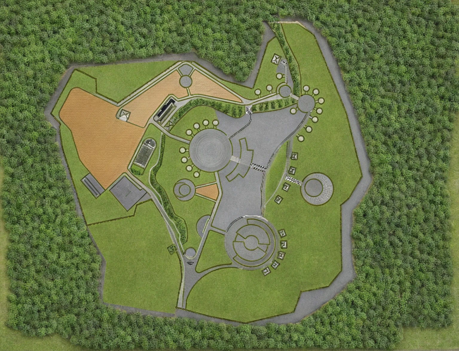 Masterpiece, high quality, best quality, authentic, super detail, outdoors, topview, masterplan, garden landscape, river across, road, pavement, grass, trees (day:1.1), realistic lighting