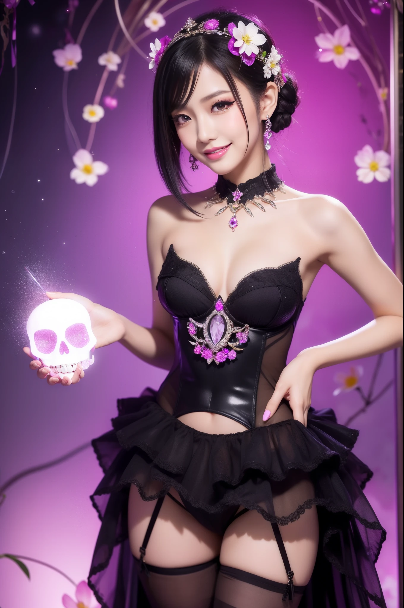 ???? Thai model who controls poison、smiling face、lip-gloss、long lashes、gothic makeup、look at the camera、full body Esbian、、sparkling poisoned flower costume、、、、sparkling Colorful short hair、secrete poison、skull hair accessories、???? tights、shiny sparkling flowers background