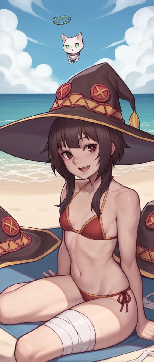 _asura style, 1girl, swimsuit, megumin, bikini, small_breasts, red_eyes, breasts, red_bikini, day, hat, outdoors, bandaged_leg, brown_hair, sky, open_mouth, short_hair_with_long_locks, ocean, cat, cloud, blue_sky, headwear_removed, beach, bare_shoulders, bandages, hat_removed, witch_hat, sitting, bangs, solo, smile, sidelocks, black_cat, short_hair, from_side, arm_support, bare_arms