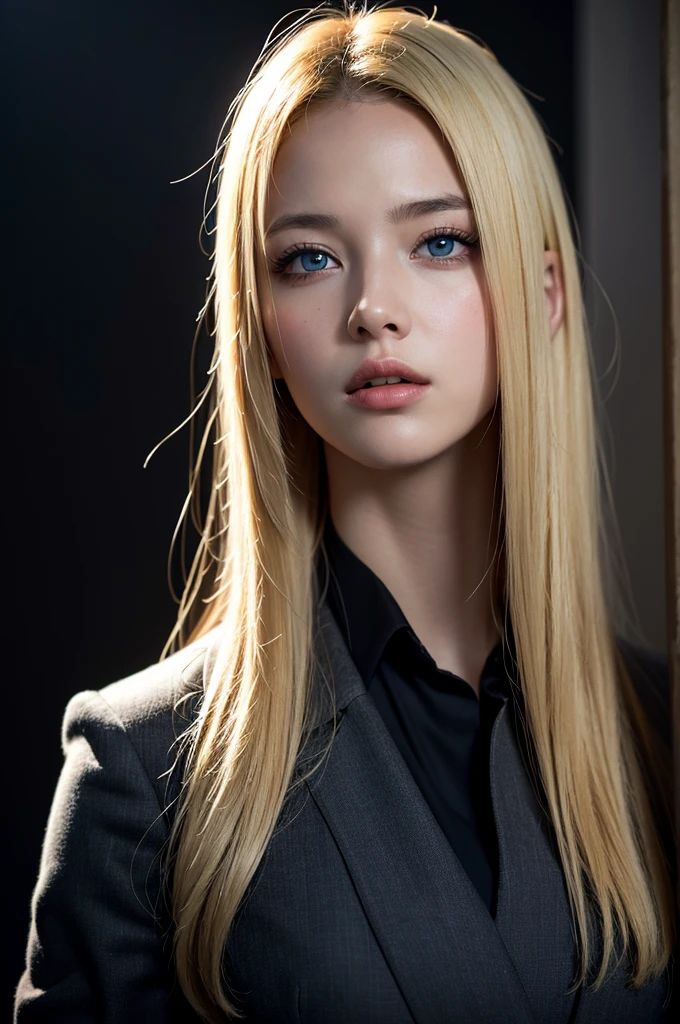 Best quality, masterpiece, ultra high res, (photorealistic:1.4), raw photo, 1girl, blonde hair, blue eyes, detailed eyes and face, black suit, dynamic lighting, in the dark, deep shadow, low key, cowboy shot full-lenght body