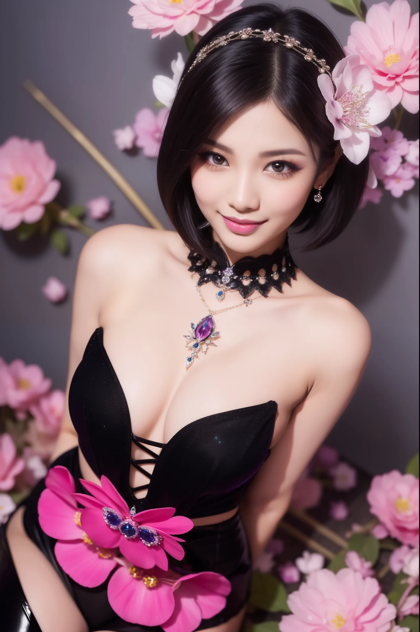 sexy Thai model who controls poison、smiling face、lip-gloss、long lashes、gothic makeup、look at the camera、full body Esbian、、sparkling poisoned flower costume、、、、sparkling Colorful short hair、secrete poison、skull hair accessories、sexy tights、shiny sparkling flowers background