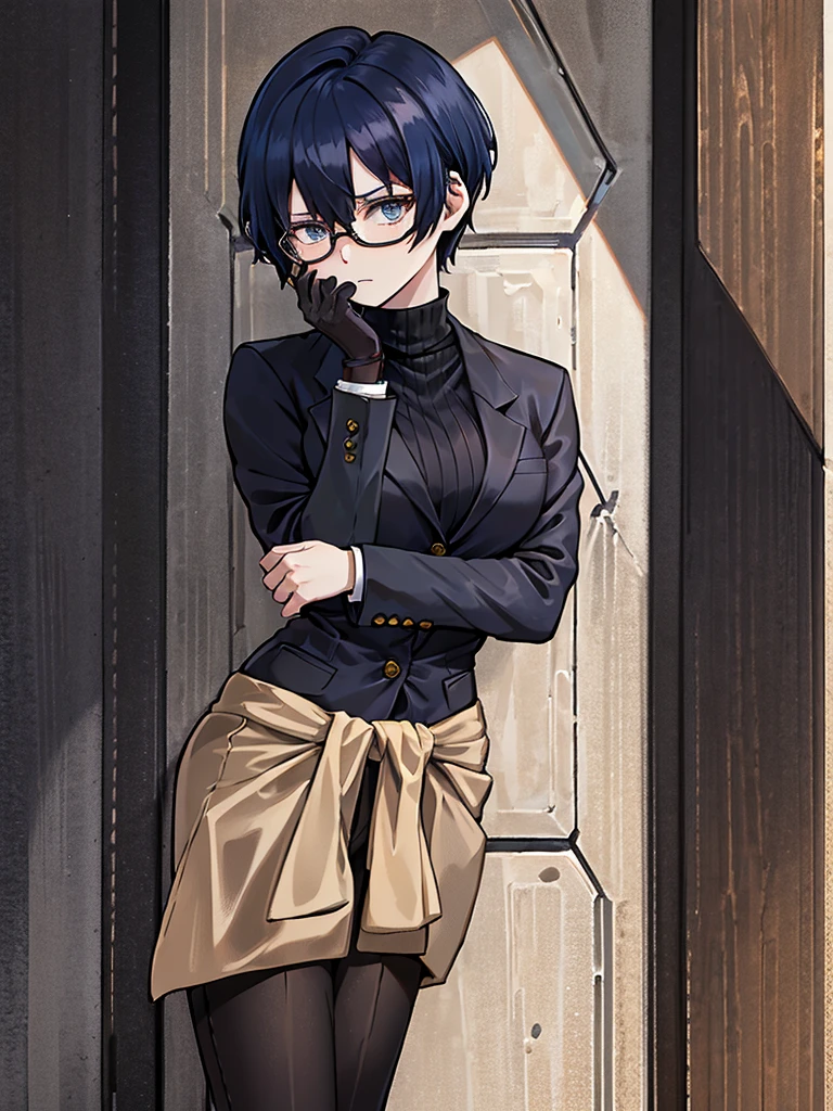 books lying around, cream hair, tall, square glasses, black turtleneck, a beige-color two-button blazer, dark navy-blue pants, and a pair black gloves, looking at viewer, slightly short hair, female, stern expression, slightly leaning on wall, hand on waist
