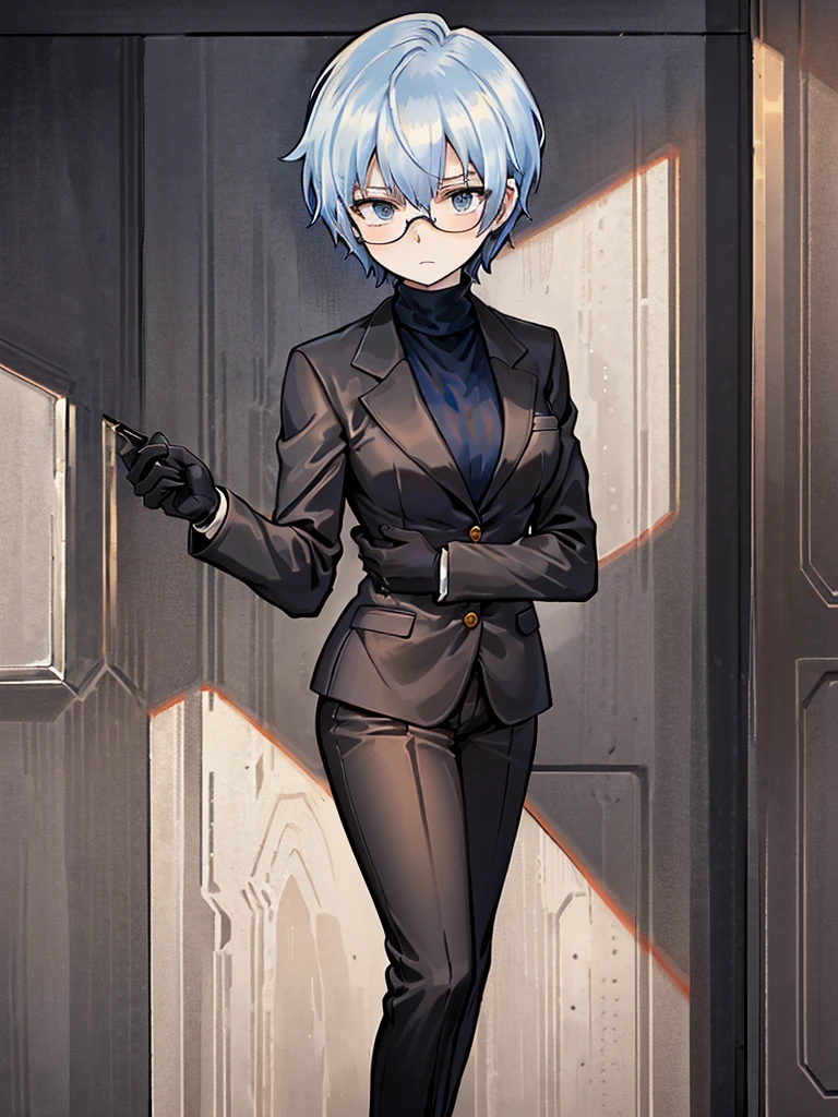 books lying around, cream hair, tall, square glasses, black turtleneck, a beige-color two-button blazer, dark navy-blue pants, and a pair black gloves, looking at viewer, slightly short hair, female, stern expression, slightly leaning on wall, hand on waist
