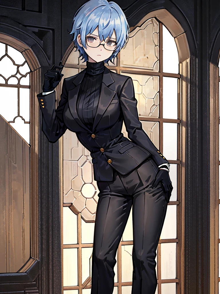 books lying around, cream hair, tall, square glasses, black turtleneck, a beige-color two-button blazer, dark navy-blue pants, and a pair black gloves, looking at viewer, slightly short hair, female, stern expression, slightly leaning on wall, hand on waist
