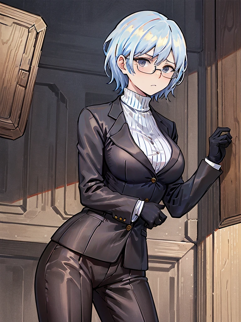 books lying around, cream hair, tall, square glasses, black turtleneck, a beige-color two-button blazer, dark navy-blue pants, and a pair black gloves, looking at viewer, slightly short hair, female, stern expression, slightly leaning on wall, hand on waist
