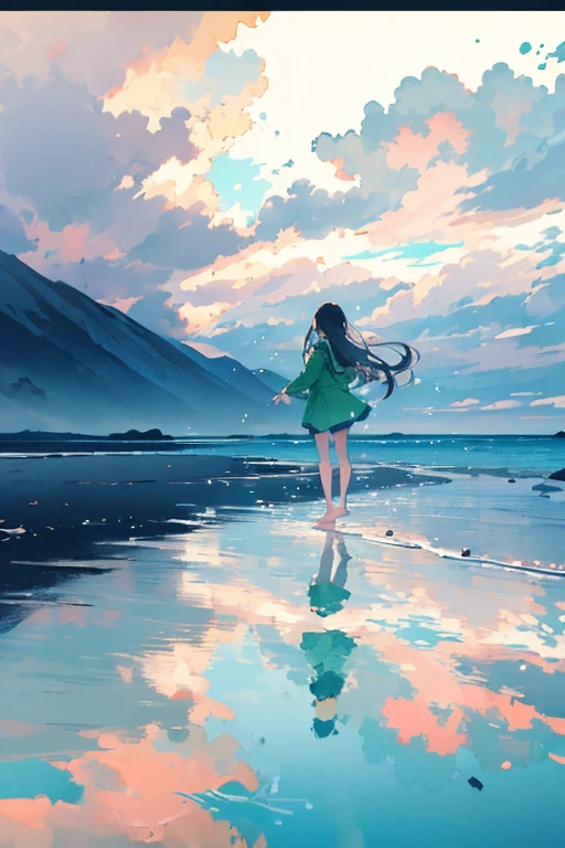 mksksstyle, (flat_color, 2D, pastel_style), Official artwork, (green_theme:1.2), cloud, smilingly, formula wallpaper, (Partially_colored:0.5), (Traditional Media:0.5), (wide_shot:1.3)
cloudy_null, (reflection的な_water:1.3), 景colorのよい, null, water, (ripple:0.5), reflection, Wind, (Cinematic:1.2), (horizon:1.3), shallow_water,, Long Hair, (Hair Ribbon:0.5), barefoot, skinny, (far:1.5), alone